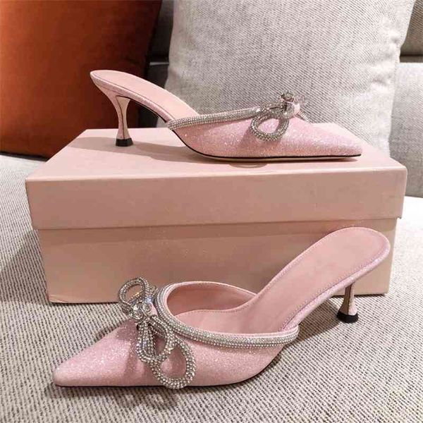 

spring and summer 2021 new rhinestone bow wrap sandals satin pointed fairy style stiletto heels, Black