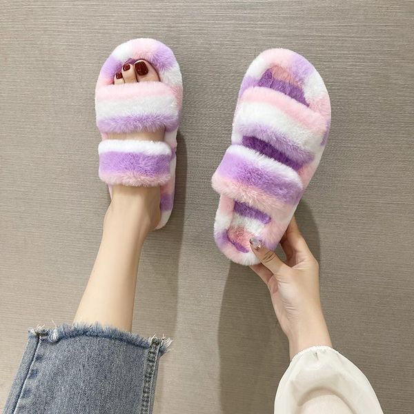 

slippers furry fur slides for women faux sliders indoor shoes woman strap female casual home flat winter footwear, Black