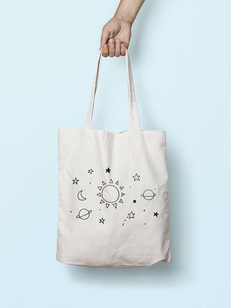

duffel bags space illustration tote bag long handles canvas shopping travel cosmetic shoulder grocery handbag with zipper