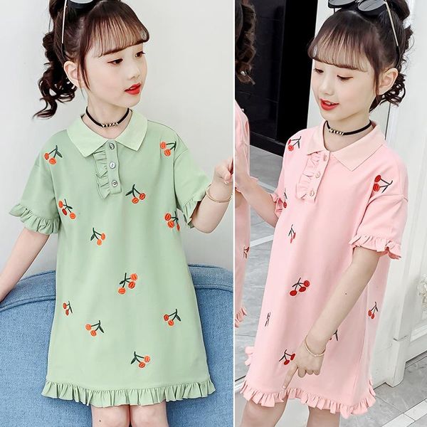 

summer girls' 95% cotton short sleeve shirt dress kids children korean cherry floral princess dresses vestidos 4 6 8 10 12 years girl&#, Red;yellow