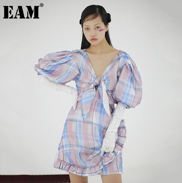 

[eam] women pattern printed temeprament dress v-neck long sleeve loose fit fashion spring autumn 2021 ju086 casual dresses, Black;gray