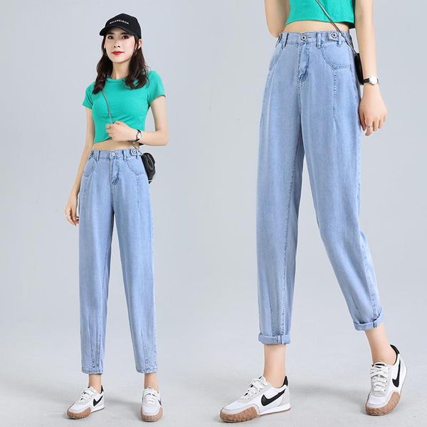 

casual women elastic high waist baggy loose jeans trousers female washed blue cotton harem streetwear denim pants plus size women's