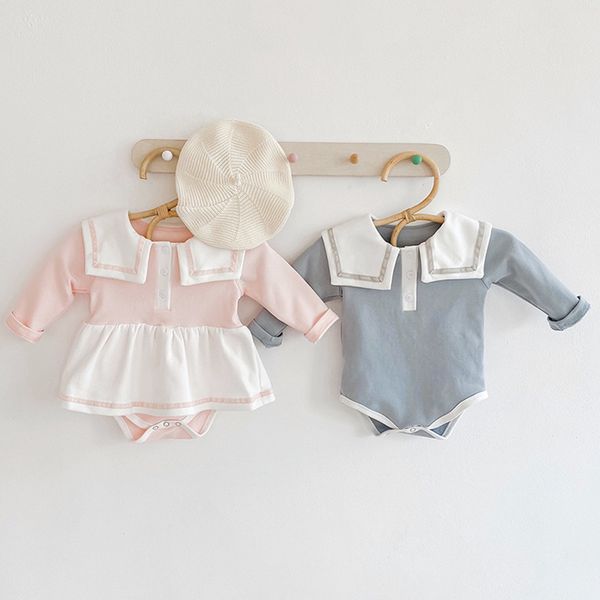 İlkbahar Sonbahar Bebek Bebek Erkek Kız Tulum Giysileri Bodysuit Sailor Yaka Uzun Kollu 210429