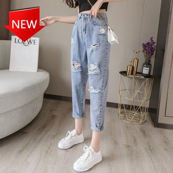 

women's jeans trousers 2021 summer thin high waist straight leg pants bf tide ripped women loose cropped, Blue