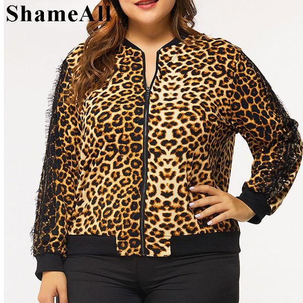 

plus size lace trim leopard print satin bomber jacket 4xl highsteet women spring baseball short basic coat jackets sukajan women's, Black;brown