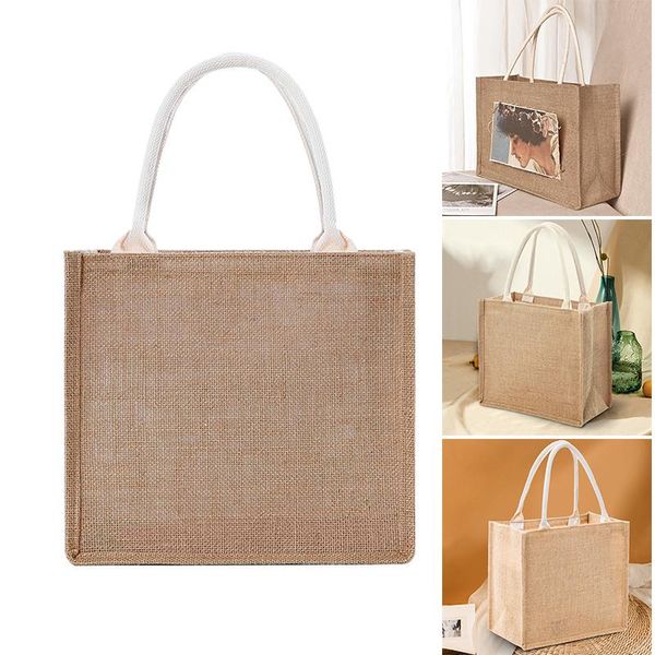 

storage bags jute tote burlap with soft handles reusable shopping women's summer beach travel bag home