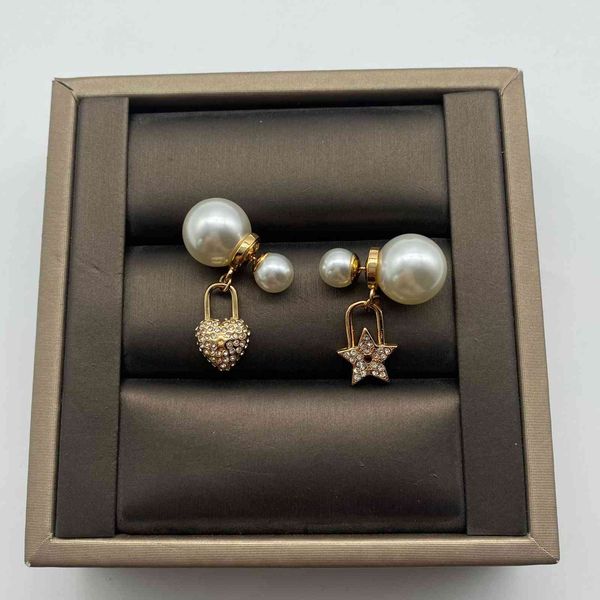 

design jewelry new love lock, five star asymmetric pearl earrings, female 925 silver needle, Golden