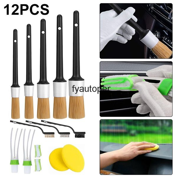 

car exterior interior detail brush 12pcs boar hair bristles for cleaning auto tools dashboard