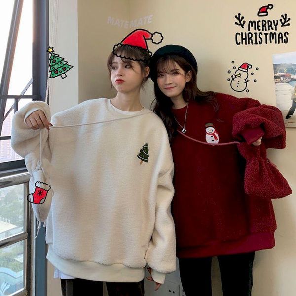 

women's hoodies & sweatshirts christmas red hoodie women imitation lamb velvet pullover embroidered clothes plus thicken autumn winter, Black