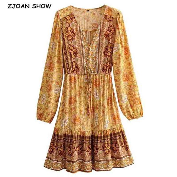 

bohemia buttons v neck location floral print long sleeve short dress boho woman strappy lacing up waist holiday dresses 210429, Black;gray