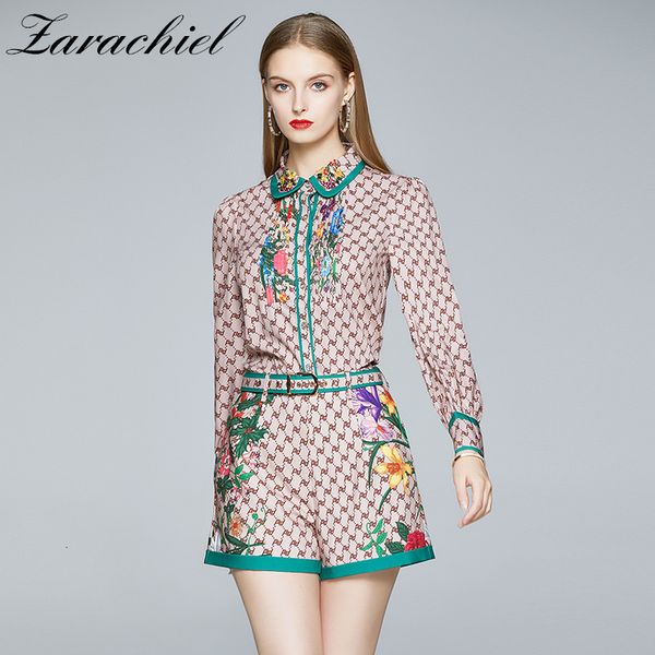 

dresses fashion runway khaki letter two piece suit summer women's long sleeve flower print shirt + pocket belted shorts set, Black;gray