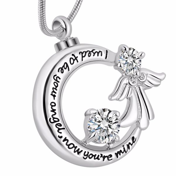 

stainless steel circle gemstone small wings cremation urn necklace pendant, commemorate the ashes of deceased relatives -i want to be your a, Silver