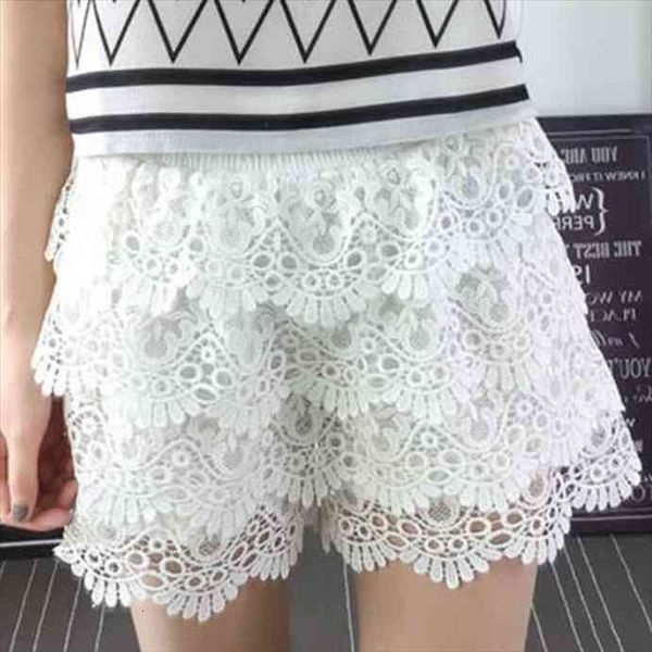 

0602 big size shorts white black lace shorts women xl-4xl summer elastic waist wide leg ladies multi-layer