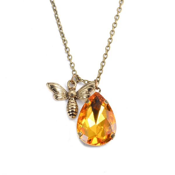 

yellow crystal bee pendant necklace vintage bronze chain designer necklaces, Silver