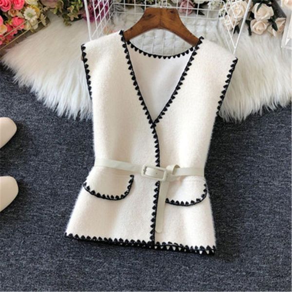 

women's vests vintage woolen sweater vest jacket women spring elegant v-neck sleeveless waistcoats korean style casual with belt chic o, Black;white