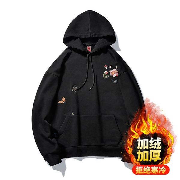 

autumn winter guochao embroidered plush hoodie for men and women, Black