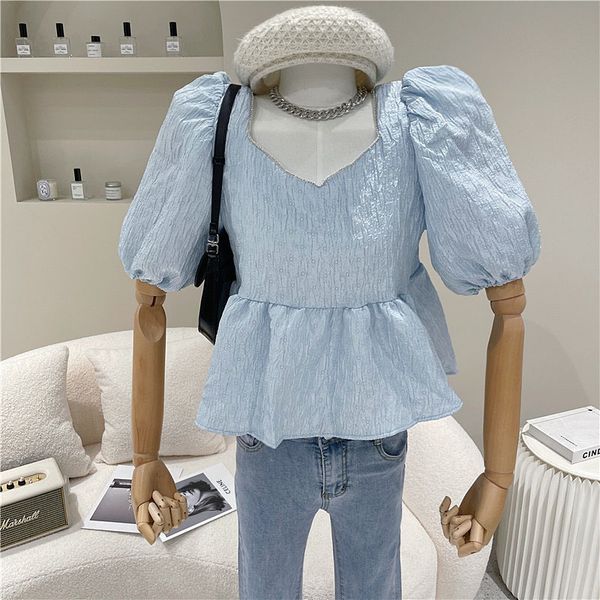 

blouses springtime female 2021 niche fashion design square neck bubble short sleeve shirt, White