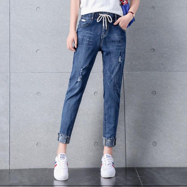 

loose jeans denim women ripped nine-point pants elastic waist casual straight-leg harlan feet thin models women's, Blue