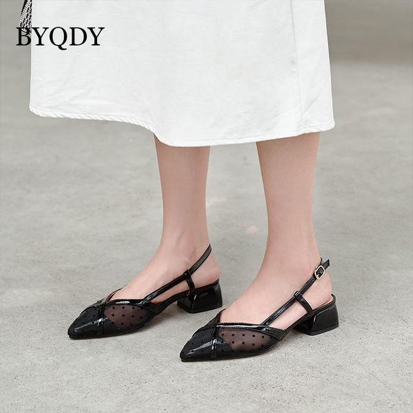 

dress shoes byqdy 2021 spring ankle strap woman pumps pointed toe thick heels worker mesh embroidery shallow casual, Black