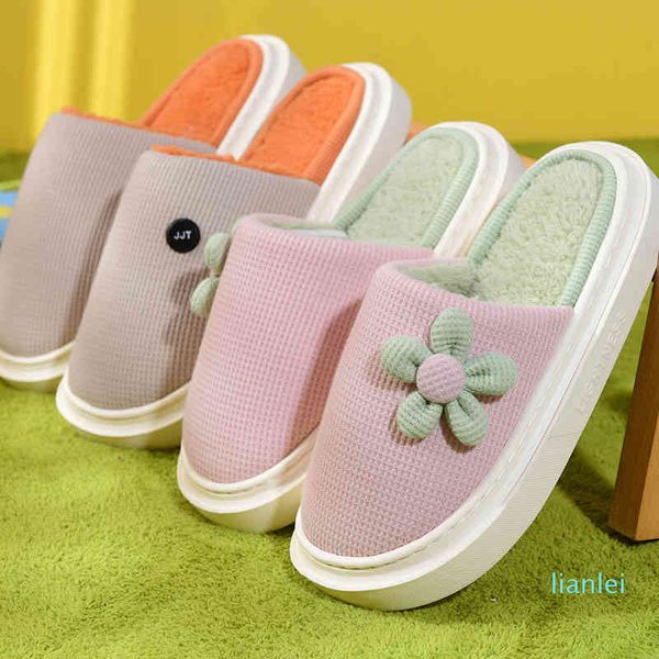 

thick soled cotton slippers female autumn and winter warm indoor antiskid couple home plush male, Black