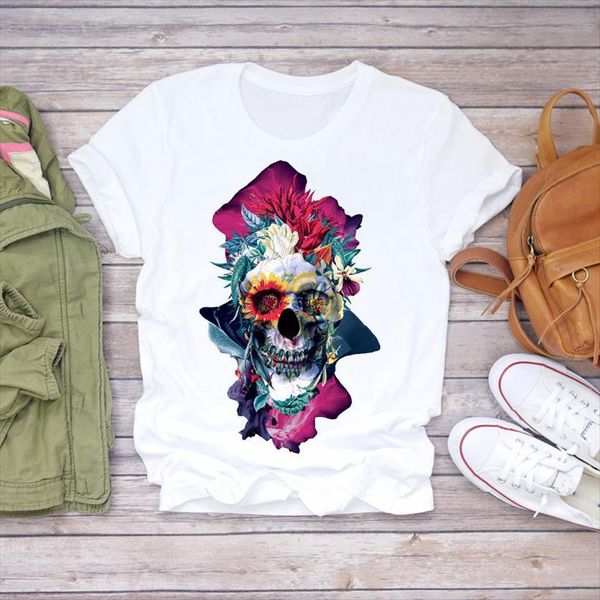 

skull floral 90s flower womens t shirt fashion cute printed ladies graphic female tee, White