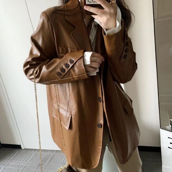 

women's leather & faux jacket 2021 autumn winter casual pu loose jackets female streetwear spring fashion fur blazer coat, Black