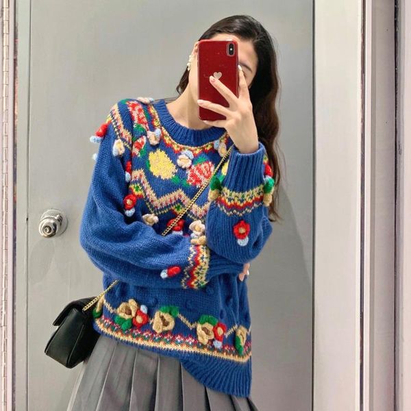 

women's sweaters 2021 bohemian crocheted floral round neck thick blue pullover sweater christmas luxury fashion winter clothes, White;black