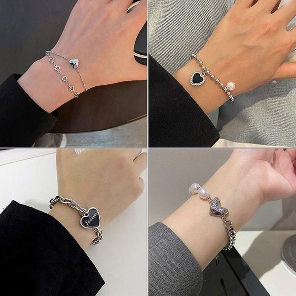 

link, chain heart bracelet pearl splicing titanium steel jewelry trendy bangles geometric bracelets ins, Black