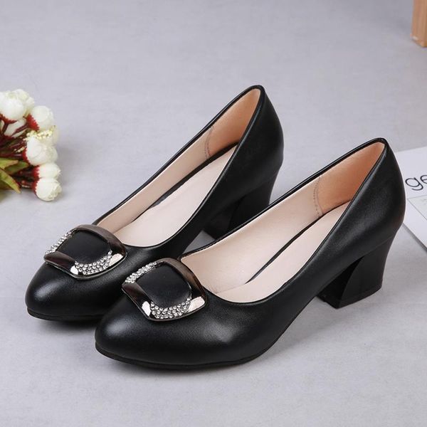 

dress shoes 2021 soft leather med heels pumps women big crystal buckle square heeled ladies office woman casual, Black