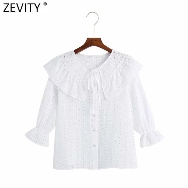 

zevity women sweet hollow out embroidery white ruffles smock blouse female peter pan collar lace shirts chic blusas ls9266 210419