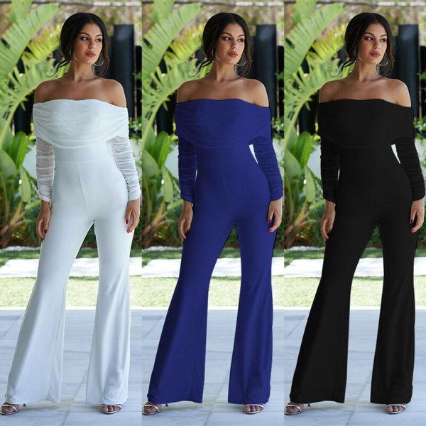 

women's jumpsuits & rompers women long mesh sleeve off shoulder bodycon overalls solid romper arrival ladies party clubwear, Black;white