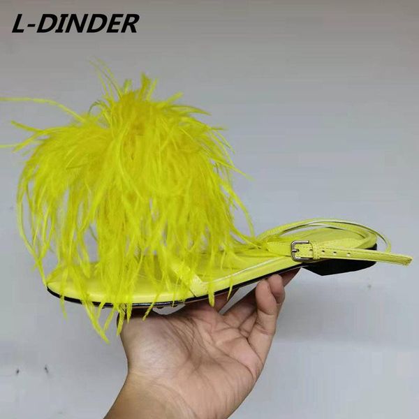

sandals yellow women's round head leather strap flat feather decoration pin buckle set comfortable shoes dress, Black
