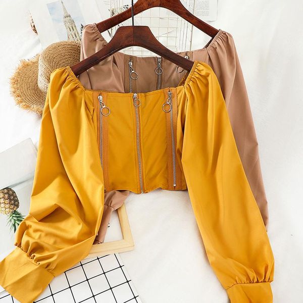 

women's blouses & shirts autumn casual retro solid puff long sleeve square collar zipper corset blouse blusas mujer crop fashion st, White