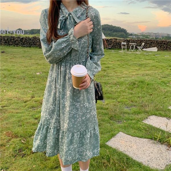 

casual dresses women summer vintage party dress y2k lady france style flare sleeve floral print bowtie ruffles midi vestido 2021, Black;gray