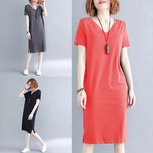 

women summer short sleeves v neck loose tunic female casual t-shirt dress streetwear pullover dresses, Black;gray