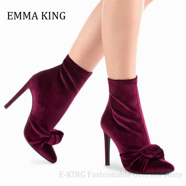 

boots 2021 women velvet ankle female pointed toe 10cm thin high heels shoes ladies fashion autumn winter fabric botas, Black