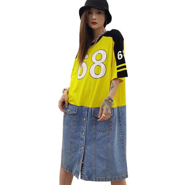 

casual dresses vefadisa women denim patchwork dress 2021 summer est letter printed female personality zqy110c, Black;gray