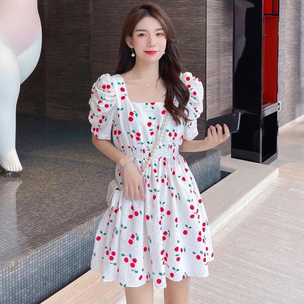 

casual dresses cherry print kawaii puff sleeve dress women vintage square neck beach 2021 korean clothes, Black;gray