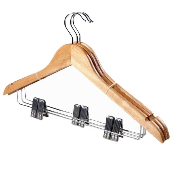 

10x natural wooden 45cm clothes coat garment hangers with trouser skirt clips & racks