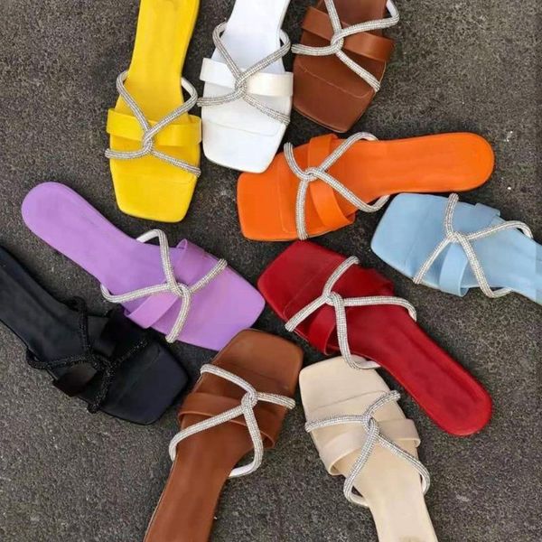 

candy color sandals summer fashion flat rhinestone women's shoes outdoor leisure beach slippers plus size 41, Black