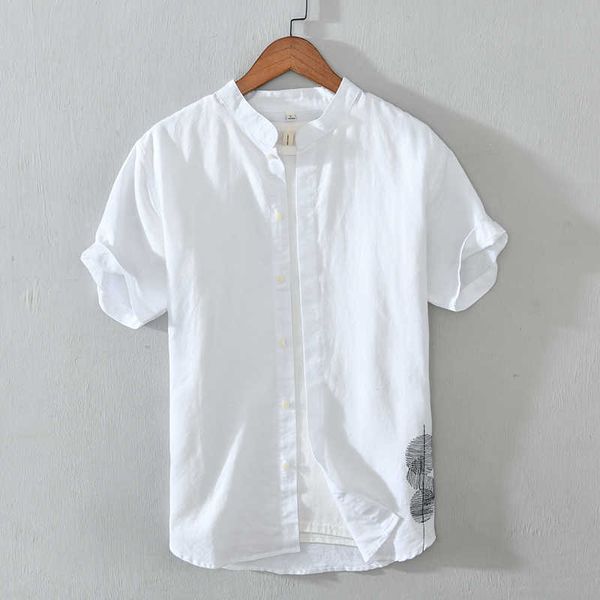 Kurzarmhemden für Männer Chinesische Baumwolle Leinen Casual Tops Männlich Sommer Stand Stickerei Regelmäßige Kleidung Klassischer Stil 210601