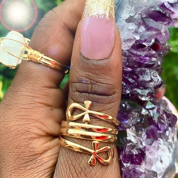 

cluster rings africa key of life ring double coil gold sliver color stainless steel ankh for women men nile ancient egypt jewelry, Golden;silver