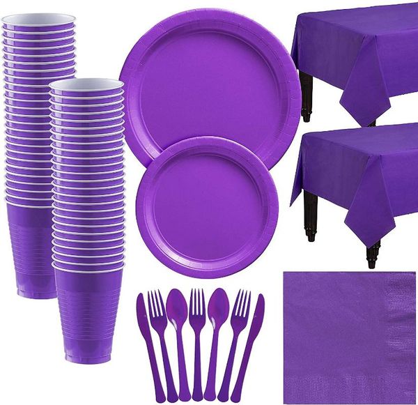 

disposable dinnerware pure purple party set plastic plate cup tableware birthday baby shower wedding supplies