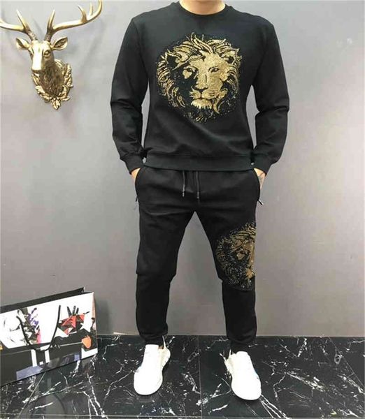 

tracksuits winter sportswear padded men's hoodie rhinestones cotton suit street casual, Gray