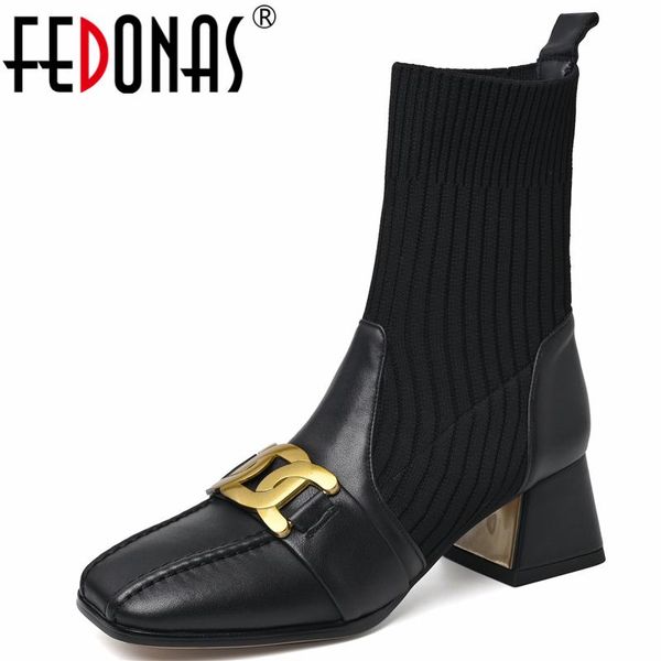 

boots fedonas square toe women ankle 2021 autumn winter genuine leather mature office lady knitting metal decoration shoes woman, Black