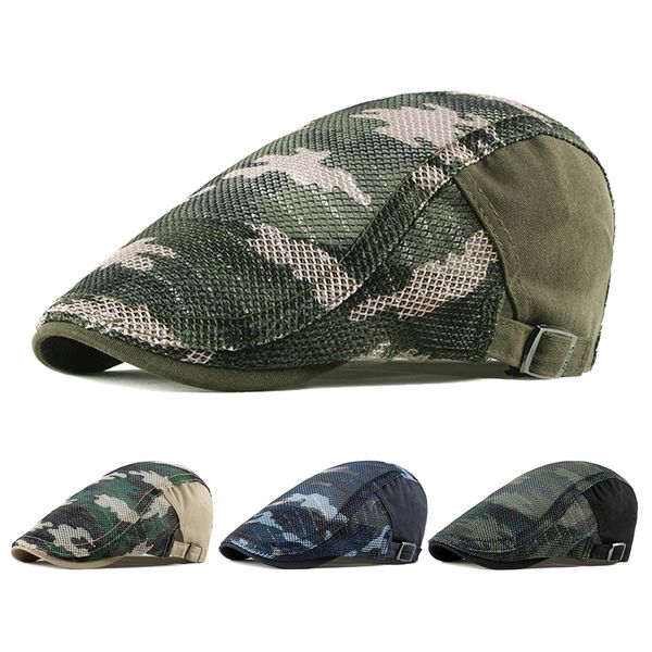 

spring summer camouflage mesh beret hats outdoor cap men women breathable sun visors newsboy cap ivy net flat hat adjustable, Blue;gray
