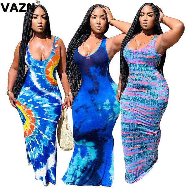 

casual dresses vazn 2021 arrival plus size young soft elastic joke round neck tank sleeve backless high waist women thin maxi dress, Black;gray