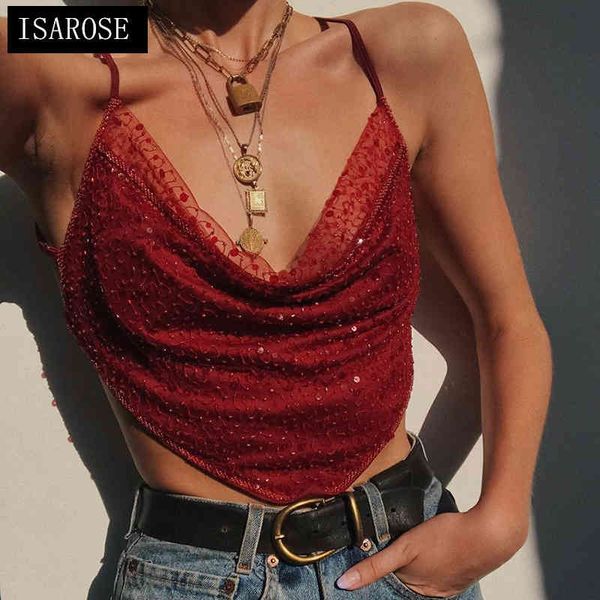 

isarose mesh sequins camisole solid color glitter summer adjustable cross belt backless camis low-cut short crop 210422, White