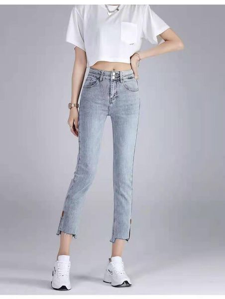 

women's jeans spring and autumn light color straight high waist casual 2021 tight fashion split pants, Blue