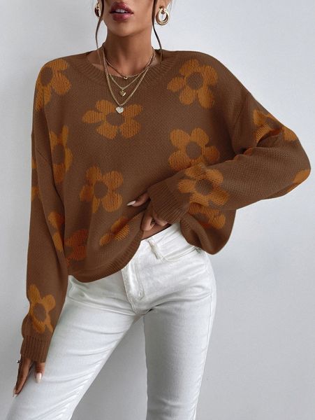 

floral pattern drop shoulder sweater m0jq#, White